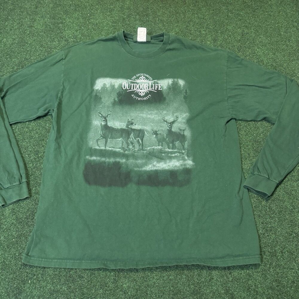 VTG Outdoor Life Deer Forest Long Sleeve Shirt Green XL 90s Hunting Nature Tee